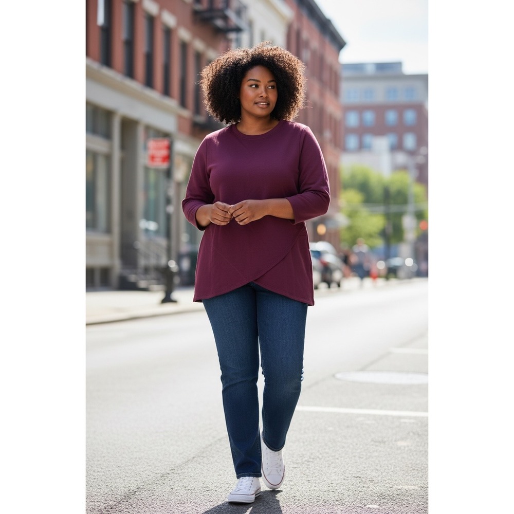 (D-115)‎ Denim & Co Active Tulip Hem Top L Deep Wine Brushed Back 3/4 sleeve